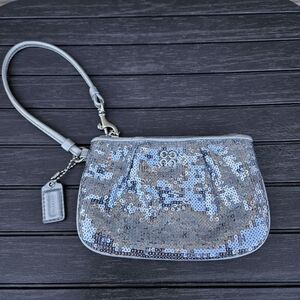 Coach Silver Sequin Wristlet Handbag Bag Small Zip Pouch Sparkly w Bag Charm